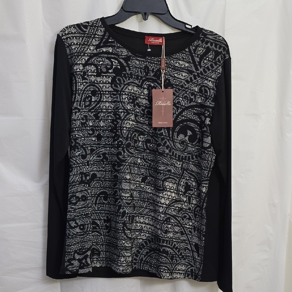Rosetta Black & Silver Patterned Long Sleeve Top Gorgious Made In Italy Size XXL